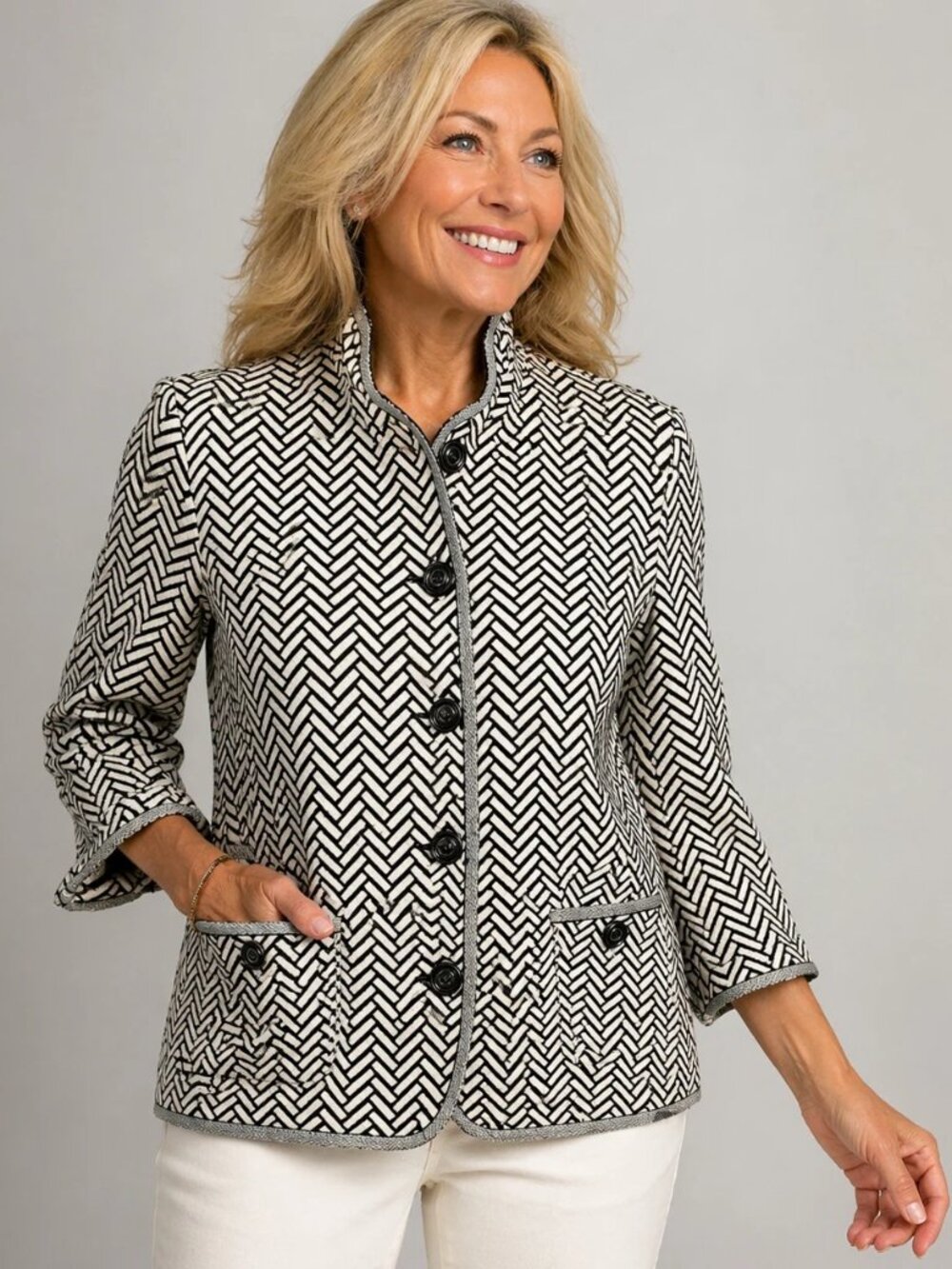 Peck & Peck Linen Herringbone Brown/White Blazer Mod Retro Jacket Size 10 Chic